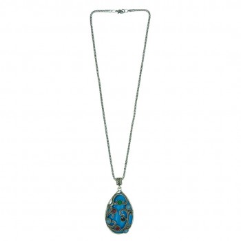 Spectacular Ceramic Pendant With Metal Encasing Adorned With Multicolor Stones Necklace